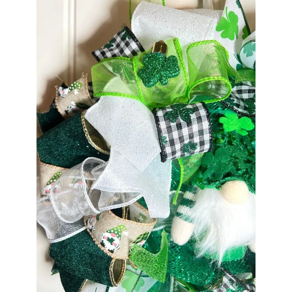 13” St. Patrick’s Day Ribbon Wreath Gnomes : Green & White Handmade MW10